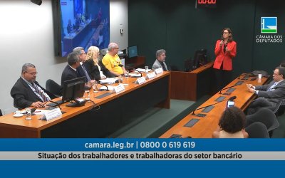 Fotografia mostra pessoas sentadas e uma em pé durante a audiência em Brasília