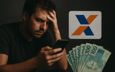 Imagem composta de um homem preocupado olhando a tela de um telefone celular. No lado direito superior há o logo da Caixa Econômica Federal e, no lado inferior direito, um "leque" de notas de R$ 100.