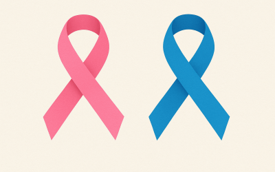 Imagem com fundo branco e dois laços lado a lado, um rosa  e outro azul