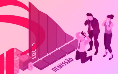 imagem em desenho de três pessoas em posição de tristeza e desespero, em frente a um gráfico de barras indicando alta e, no canto direito, o logo do Bradesco