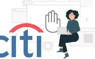 Ilustração de uma mulher utilizando um laptop, ao lado do logotipo do Citibank