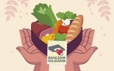 Imagem em desenho composta de uma cesta de alimentos sobre duas mãos abertas. No centro das mãos os logo do Bancário Solidário