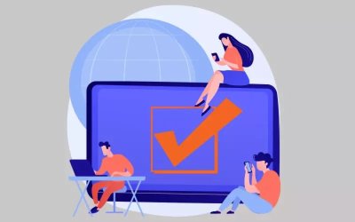 Imagem em desenho de uma tela de computador rodeada por três pessoas em tamanho desproporcionalmente menor. Na tela um sinal de "check"