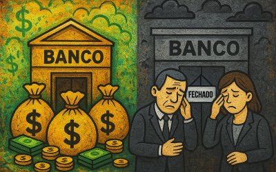 De um laco, imagem representando o lucro dos bancos, do outro imagem representando a situação dos bancários (Imagem:IA)