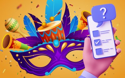 Arte com máscara de Carnaval e uma mão segurando um celular