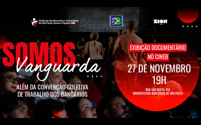 Arte com fundo preto e escritas em vermelho com informações sobre a sessão de exibição do documentário somos vanguarda