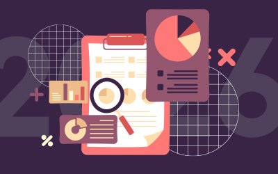 Imagem em desenho composta de vários elementos como prancheta, documento, lupa, documento e gráfico em pizza