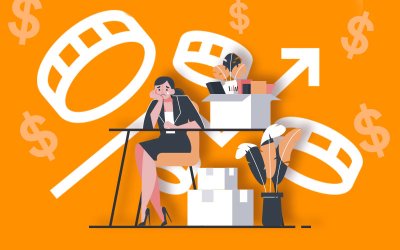 Imagem composta de pessoas sentadas em uma mesa. atrás dela um gráfico em flecha indicando alta e moedas