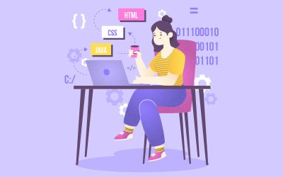 Imagem em desenho mostra uma mulher sentada em um cadeira em frente a uma mesa e a um computador. Sobre o computador há três placas flutuando no ar, onde ser lê HTML, CSS e Java.