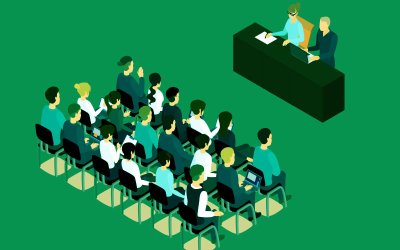 Imagem em desenho mostra um grupo de pessoas sentados em fileiras de cadeiras, de frente para uma mesa  onde estão sentadas duas pessoas