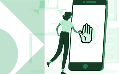 Desenho de uma mulher em frente a uma tela de celular