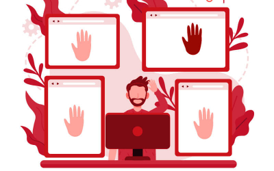 Arte com desenho de telas de computador que mostram mãos levantadas