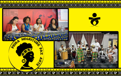 Montagem com foto de seminário e foto do show de samba, ao fundo a arte do mês da Consciência Negra