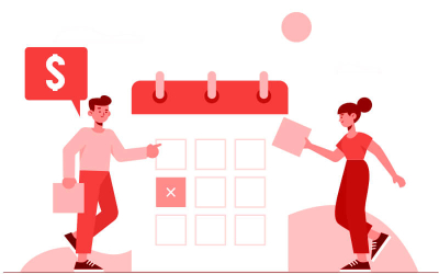 Ilustração de um homem e uma mulher mexendo em um calendário, enquanto do homem sai um balão de fala com um cifrão dentro (Imagem: Freepik)