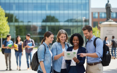 Imagem de estudantes em frente de uma universidade