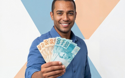 Imagem mostra um homem segurando cédulas de R$ 100 e de R$ 50. Ele usa uma camisa azul e está sorrindo enquanto exibe as notas para a câmera. atrás dele há o "X" do logo da Caixa