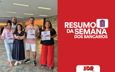 Imagem de dirigentes do Sindicato com a Folha Bancária, acompanhada do logotipo do Resumo da Semana (Divulgação)