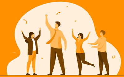 Desenho mostra pessoas com os braços levantados, comemorando