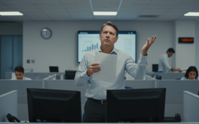 Imagem de um homem em pé, com expressão de indignação, em uma sala com outros trabalhadores entados em seus computadores