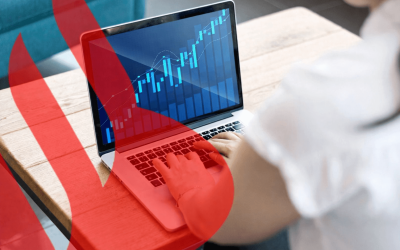 Imagem de uma pessoa analisando um gráfico na tela de um laptop, com o logo do Santander estilizado em primeiro plano (Imagem: Reprodução/Contraf-CUT)