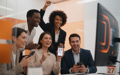 Imagem de bancários felizes, comemorando