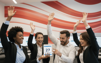 Imagem de quatro bancários celebrando a data de crédito da PLR