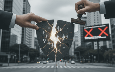 Imagem mostra um homem rasgando um cartaz com símbolos que representam a luta por igualdade de gênero, combate ao racismo