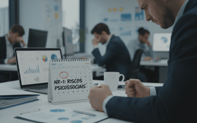 Imagem mostra um escritório com homens sentados em frente a computadores e um calendário marcado em maio, por cima do calendário as palavras: NR-1, riscos psicossociais