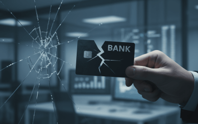 Imagem de uma pessoa segurando um cartão quebrado com a palavra bank