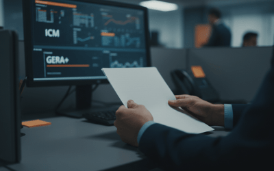 Imagem de um homem em frente ao computador com uma folha de papel nas mãos