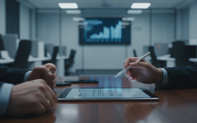 Imagem mostra dois homens sentados frente a frente em uma sala corporativa. A imagem foca nas mãos dos homens. um deles está com os punhos cerrados e outro está com uma caneta na mão em frente a um tablet