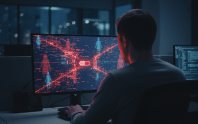 Imagem de um homem, em um ambiente escuro, em frente a uma tela de compuitador, onde se vê uma teia interligando imagens de mulheres