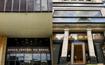 Montagem com as fachadas do Banco Central e do Banco Master