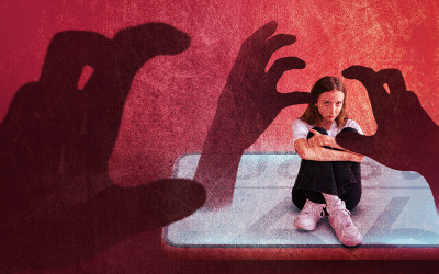 Imagem de uma mulher sentada e sobre ela, sombras de mãos 