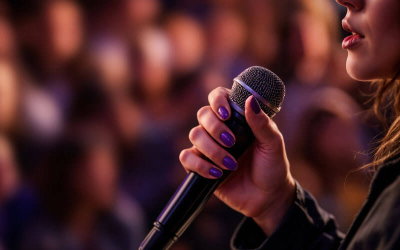 Perfil de uma mulher falando ao microfone em um auditório lotado