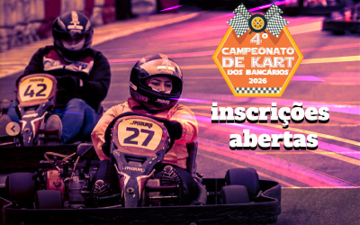 Imagem de dois karts competindo, acompanhada do logo do 4º Campeonato de Kart dos Bancários e da palavra "inscreva-se"