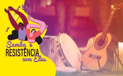 Arte com fundo rosado mostra instrumentos musicais e bonequinhas dançando (Arte: Fabiana Tamashiro)