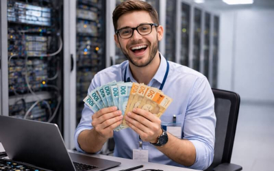 Imagem mostra trabalhador de Ti sorrindo e segurando notas de real. ele é branco e loiro e usa óculos, uma camisa azul clara e um crachá