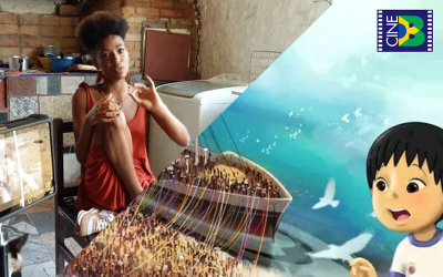 Imagem cortada na diagonal separando uma cena do documentário "Dentro da minha pele" no qual mostra uma das pessoas sendo entrevistada e do outro lado uma cena de "Eu e Meu Avô Nihonjin" no qual mostra um garoto de animação e uma grande embarcação. No canto direito superior a logo do CineB