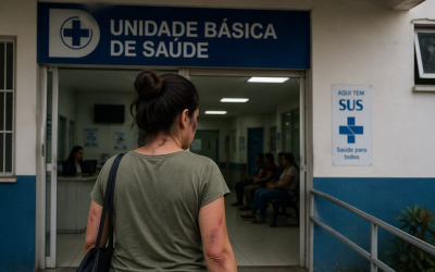 Imagem mostra mulher vítima de violência buscando atendimento em uma unidade báscia de saúde