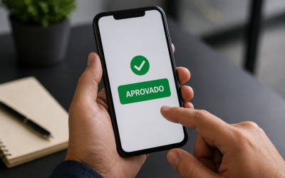 Imagem gerada por inteligência artificial mostra um homem mexendo em um celular em cuja tela está projetada a palavra "aprovado"
