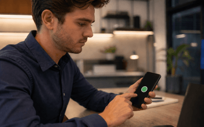 Fotografia de um trabalhador participando de uma assembleia virtual através de um celular (Imagem: manus.im)