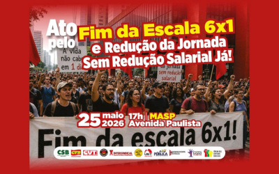 Arte com foto de manifestação pelo fim da escla 6x1