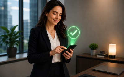 Imagem mostra uma mulher mexendo em um telefone celular cuja tela projeta um ícone de "check" indicando aprovaçao