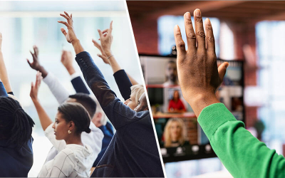Imagem mostra pessoas votando virtualmente e presencialmente
