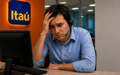 Imagem mostra bancário com semblante preocupado apoiando a cabeça na mão esquerda. Ele usa um headphone e uma camisa azul e está sentado em frente a um computador.  atrás dele há uma placa com o logo do Itaú pendurado em uma janela pintada de laranja