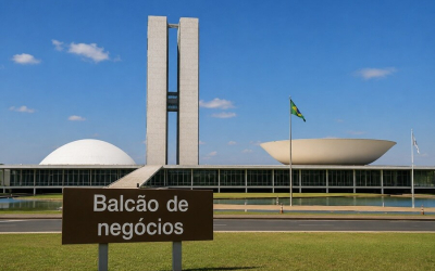 Imagem feita por inteligência artificial mostra uma placa onde se lê "Balcão de negócios" em frente ao prédio do Congresso Nacional
