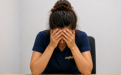 Imagem mostra mulher branca sentada e apoiando os cotovelos na mesa. e levando as mãos na cabeça, em sinal de preocupação