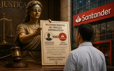 Imagem mostra a mulher que representa a Justiça apresentando para um trabalhador uma decisão judicial onde se lê "Fica reconhecido o vínculo empregatício entre o trabalhador terceirizado e o Santander, com todos os direitos garantidos pela Convenção Coletiva de Trabalho bancária". Ao lado, a fachada de um prédio do santander