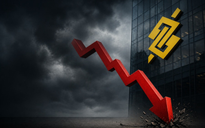 Imagem mostra um gráfico em linha indicando queda, ao lado de um prédio com o logo do Banco do Brasil, sob um céu nublado